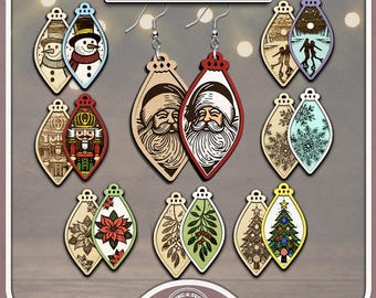 Christmas Light Earrings SVG Bundle, 8 Two-Layer Cut & Engraving Holiday Earring Designs, Vintage Christmas Jewelry SVG for Glowforge