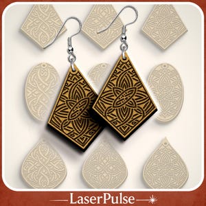 Nine Celtic knotwork dangle earrings with intricate boho-inspired laser cut and engraving details for wood and acrylic jewelry.