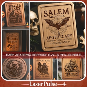 May include: A selection of wooden signs and chopping boards with gothic and Halloween themes. The designs include text such as "Spells & Hexes" and "Haunted Library." The imagery features ravens, skulls, and a zombie, perfect for spooky decor.