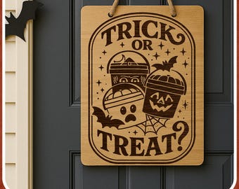 Trick or Treat SVG PNG, Halloween Candy Bucket Board Engraving File, Spooky Sign Design for Glowforge Lightburn CNC