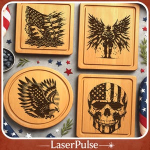 USA patriottische gravure SVG PNG-bundel, 4 sterren en strepen ontwerpen voor charcuterieborden, onderzetters, rustieke borden en lasergravure