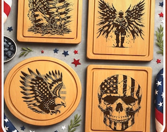 USA Patriotisk Gravyr SVG PNG Bundle, 4 Stjärnor och Ränder Designs för Charkuterier, Underlägg, Rustika Skyltar och Lasergravyr