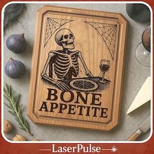 May include: Wooden cutting board with a carved skeleton design, spiderwebs, and the words "BONE APPETITE." The board is rectangular with a beveled edge. A wine glass and plate are also depicted. Figs, cheese, and a knife are nearby.