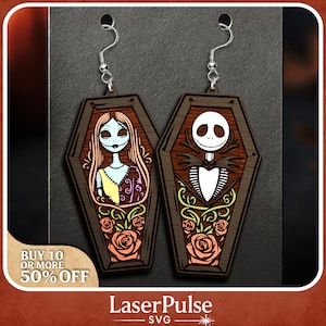 Stitched Face Halloween Earrings SVG, Spooky Couple Dangle Earring Laser Cut File, Creepy Nightmare Inspired Jewelry Glowforge Lightburn