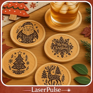 May include: A collection of four wooden Christmas coasters featuring laser-etched festive designs. The designs include Santa Claus, a Christmas tree, a snowflake with "Merry Christmas" text, and a reindeer with trees. The coasters are round with a light wood finish.