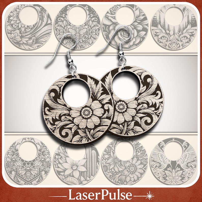 Nine boho floral laser cut earring designs displayed as wooden dangle earrings with intricate floral details.