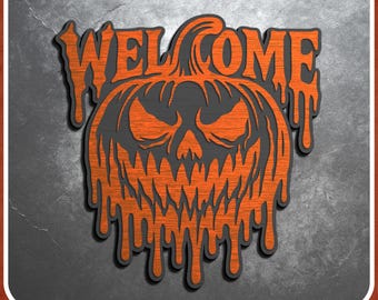 Evil Pumpkin Welcome Sign SVG voor lasersnijden, Halloween gelaagde deur- of muurbordbestand, Spooky Jack O Lantern Glowforge Lightburn Ready