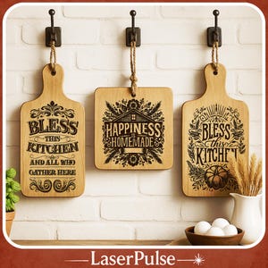 Rustic Farmhouse Kitchen SVG Bundle, Bless This Kitchen and Happiness Is Homemade Engraving Files for Charcuterie Boards Glowforge CNC