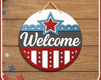 Patriottische welkomstdeurteken SVG, gelaagd rond VS-bord voor lasersnijden, 4 juli Independence Day Glowforge Lightburn-bestand