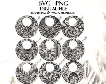 Damask Hoop Earring Bundle Laser Cut File - Damask Design Earrings SVG PNG Cut File Digital Download Ornate Earring SVG