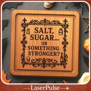 May include: A wooden cutting board with a decorative border and the text "SALT, SUGAR... OR SOMETHING STRONGER?" is surrounded by Halloween-themed decorations. The board features a skull, a salt shaker, and a sugar jar.