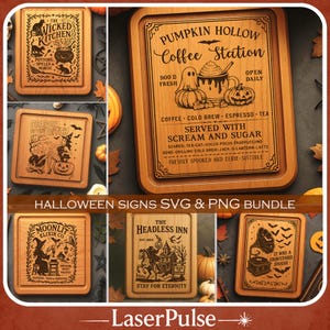 Op de afbeelding: Een verzameling houten Halloween-borden met verschillende ontwerpen en tekst. De borden bevatten zinnen als "Pumpkin Hollow Coffee Station", "The Wicked Kitchen" en "The Headless Inn". De borden zijn bruin met gegraveerde zwarte details.