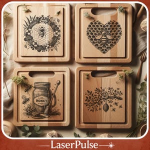 Floral Honey Bee Engraving SVG PNG Bundle, 4 Intricate Bee and Flower Designs for Charcuterie Boards, Rustic Signs, and Nature Decor