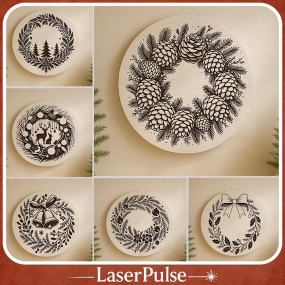 Winter Holiday Wreath Engraving SVG PNG Bundle, 6 Ornate Christmas Designs with Pinecones, Reindeer, Ornaments, Trees for Boards and Signs