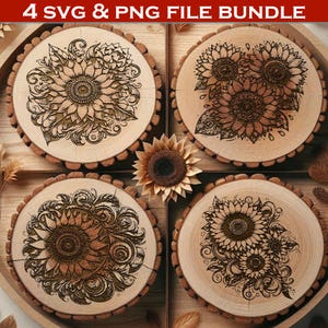 Lot Tournesol SVG PNG - 4 motifs floraux élégants pour la gravure au laser, la sublimation, des chemises, des gobelets, des décalcomanies et plus encore