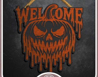 Evil Pumpkin Welcome Sign SVG for Laser Cutting – Halloween Door Sign File – Layered Spooky Jack O Lantern Glowforge Lightburn Ready
