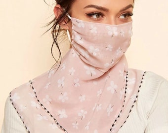 Summer breathable light thin chiffon face mask veil in pink floral - women's summer mask - lightweight mask - summer sun protection