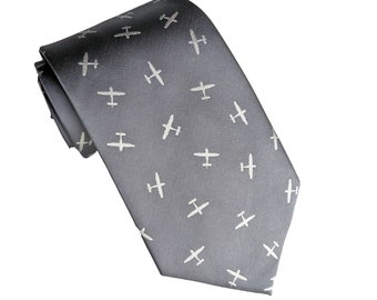 Grey Biplane Airplane Necktie - Airplane Tie -Flight School gift - Airplane Gift - Pilot Gift - Gift for Pilots -  Flying Gift