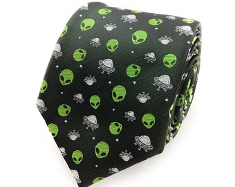 Alien Necktie - UFO Necktie - Spaceship Necktie - Outer Space Necktie - Galaxy Necktie - Flying Saucer Gift - Alien Gift for men