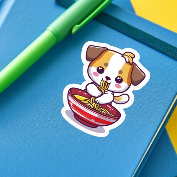 Charming Kawaii Puppy Ramen Lover Sticker - Cute Baby Puppy Decal - Handcrafted Happiness for Gift Giving Great Gift for less than 5 Dollars