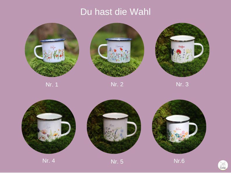May include: Six enamel mugs with different floral designs. Each mug has a white background with colorful flowers and a black rim. The mugs are arranged in a grid of two rows and three columns. The text "Du hast die Wahl" is at the top of the image.