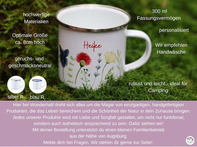 May include: White enamel camping mug with a floral design and the name "Heike" printed on the front. The mug has a blue rim and a capacity of 300 ml.