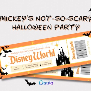 Entrada para la fiesta de Halloween de Mickey's Not So Scary, revelación del viaje de Halloween a WDW, plantilla personalizada de Canva, entrada sorpresa imprimible MNSSHP DisneyWorld
