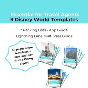Pode incluir: Imagem promocional para agentes de viagens, com três modelos do Disney World. A imagem inclui sete listas de embalagem, um guia de aplicativos e um guia Lightning Lane Multi Pass. O texto também menciona 34 páginas de modelos profissionais e estratégia de parque de um especialista da Disney.