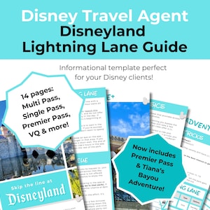 May include: A turquoise and white printable guide for Disneyland Lightning Lane, featuring a castle reflection, a text overlay that says "14 pages: Multi Pass, Single Pass, Premier Pass, VQ & more!" and a text overlay that says "Now includes Premier Pass & Tiana's Bayou Adventure!"