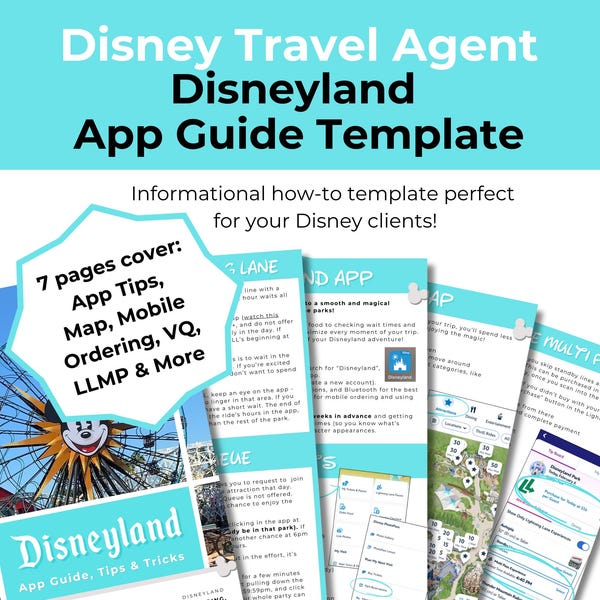 Disneyland App Guide TA Template, 7-page DL Vacation Planner, Editable Travel Agent Canva Template,