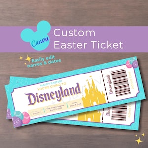 Boleto de Pascua editable para Disneyland, revelación de viaje a Disneyland, plantilla de Canva personalizable, boleto de vacaciones sorpresa, certificado de regalo de Pascua para rellenar