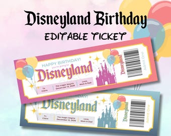 Boleto de cumpleaños de Disneyland, revelación de viaje de DL personalizado, plantilla de Canva editable, boleto de vacaciones sorpresa imprimible para niños, certificado de regalo personalizado