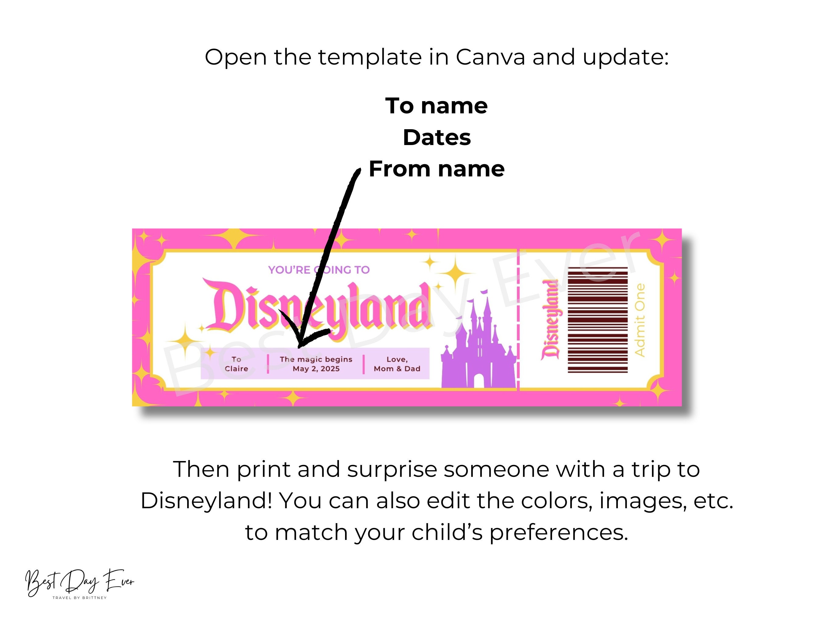 Disneyland Editable Ticket, DL Trip Reveal, Customizable Canva Template ...