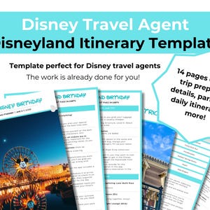 May include: A printable Disneyland itinerary template for travel agents. The template includes 14 pages with details on trip preparation, park information, daily itineraries, and more. The cover image shows a nighttime view of the Disneyland Ferris wheel with a Mickey Mouse silhouette.