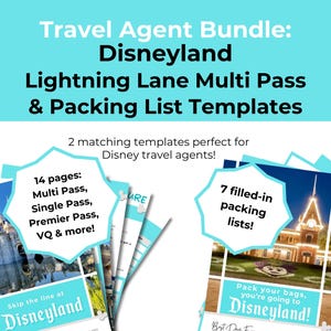 Puede incluir: Un gráfico azul y blanco con el texto "Travel Agent Bundle: Disneyland Lightning Lane Multi Pass & Packing List Templates" e imágenes del parque Disneyland. El gráfico también incluye el texto "14 páginas: Multi Pass, Single Pass, Premier Pass, VQ & more!" y "7 listas de empaque llenas!"