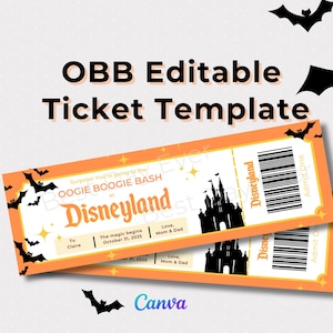 ウギー・ブギー・バッシュ ディズニーランド チケット：ハロウィーン DL サプライズ旅行発表、OBB カスタム Canva テンプレート、子供向け編集可能な秋のギフト