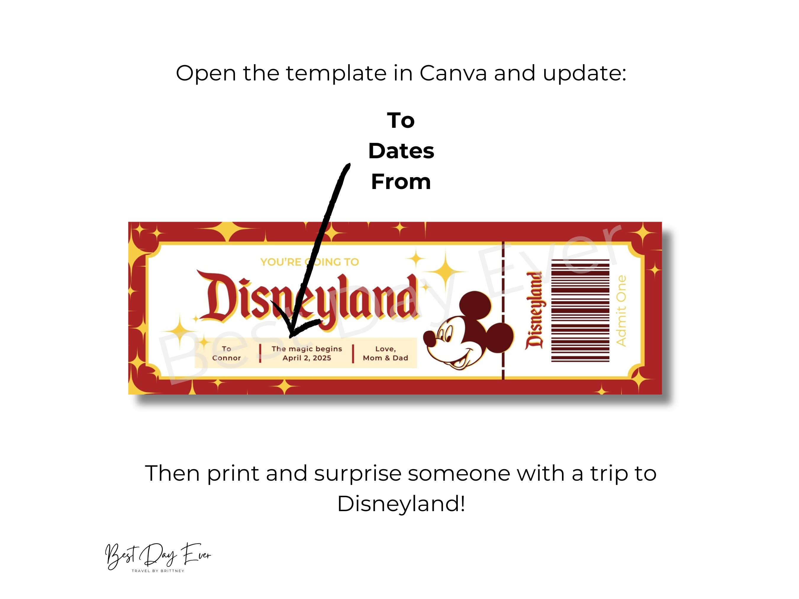 Editable Ticket for Disneyland, Reveal Trip to Kids, Surprise Family ...