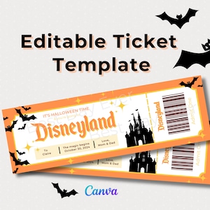May include: Editable Halloween ticket template for Disneyland with an orange background and black bats. The text reads "It's Halloween Time at Disneyland" and "The magic begins October 30, 2024".