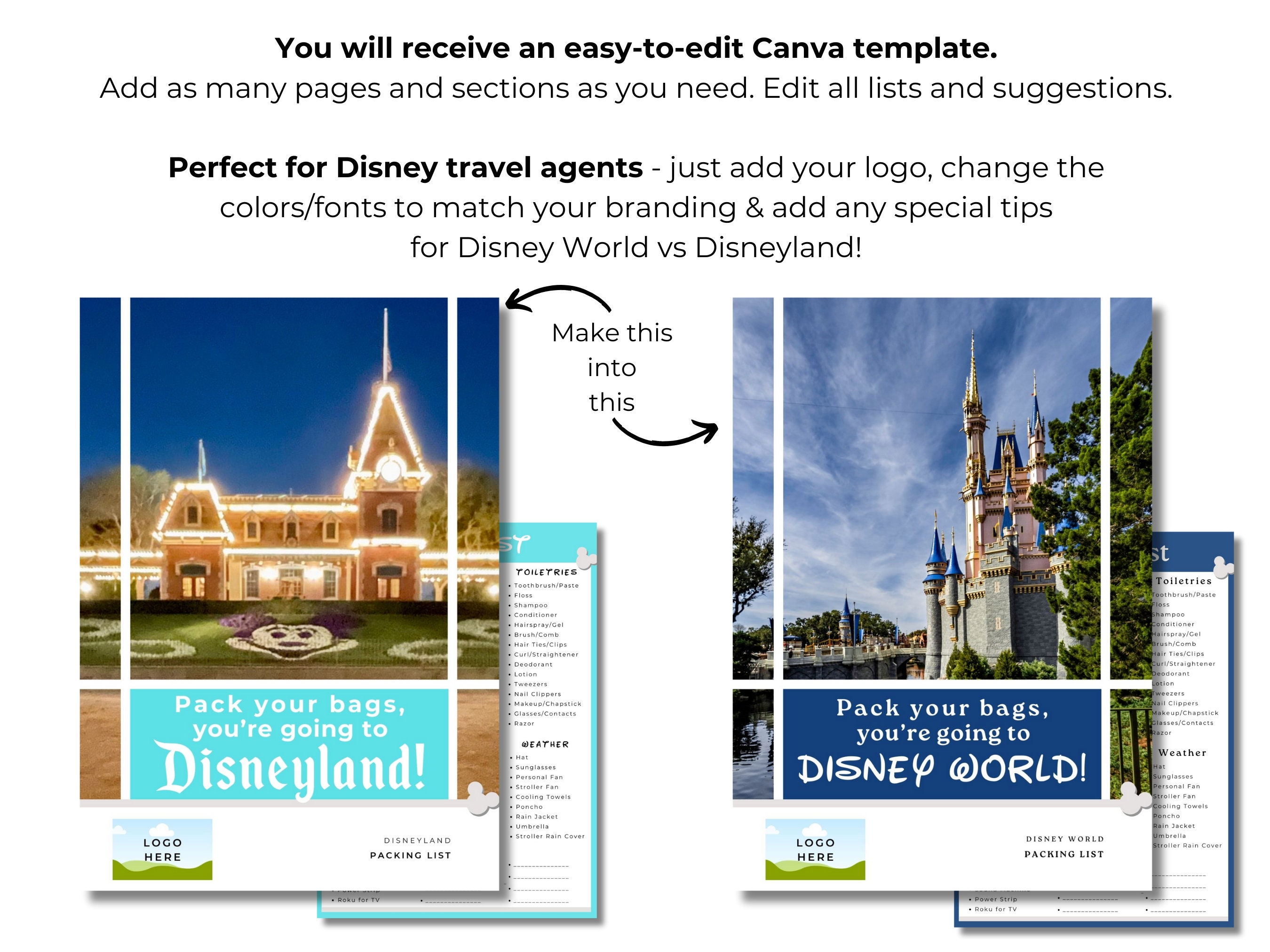 Packing List Template WDW & Disneyland, Travel Agent Template Editable ...