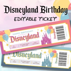Billet d'anniversaire Disneyland, DL voyage personnalisé, modèle de toile modifiable, billet de vacances surprise imprimable pour les enfants, certificat cadeau personnalisé