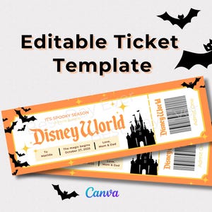 DisneyWorld Halloween Ticket, Kinder BTW Halloween Reise offenbaren, benutzerdefinierte Canva Vorlage, bearbeitbares Überraschungsurlaubsticket druckbar, MNSSEP