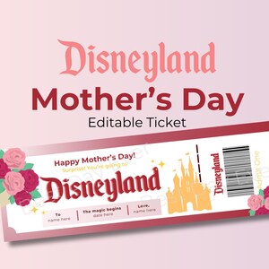 Boleto sorpresa para el Día de la Madre en Disneyland, revelación de viaje personalizado con licencia de conducir, descarga instantánea editable, imprimible para vacaciones, regalo personalizado para el Día de la Madre