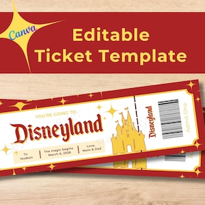 Boleto de revelación de viaje a Disneyland, anuncio de vacaciones personalizado para niños, boleto sorpresa imprimible, plantilla editable de Canva, descarga instantánea