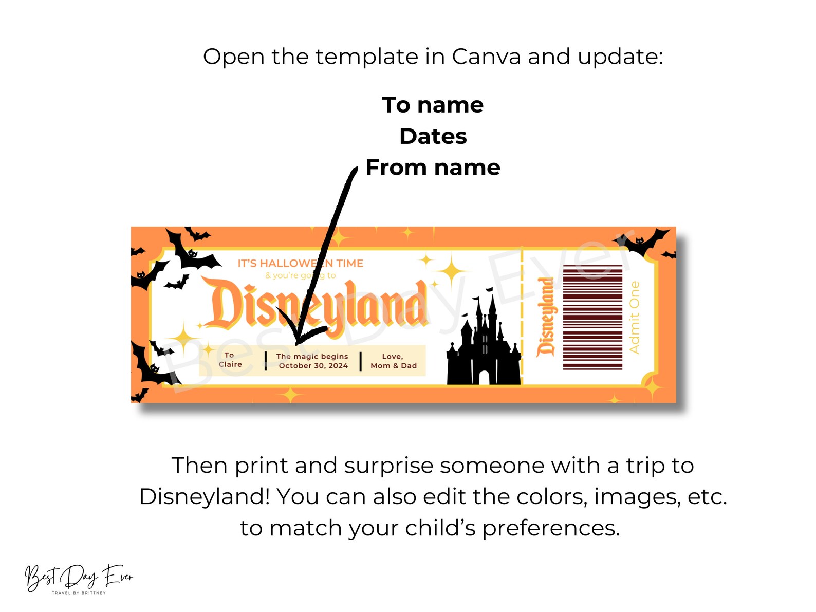 Disneyland Editable Halloween Ticket, DL Trip Reveal, Customizable ...