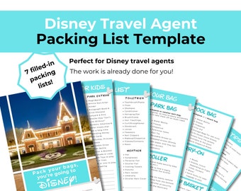 Packing List Template WDW & Disneyland, Travel Agent Template Editable, Canva | TA Lists for Suitcase, Stroller, Park Bag, Pool, Groceries