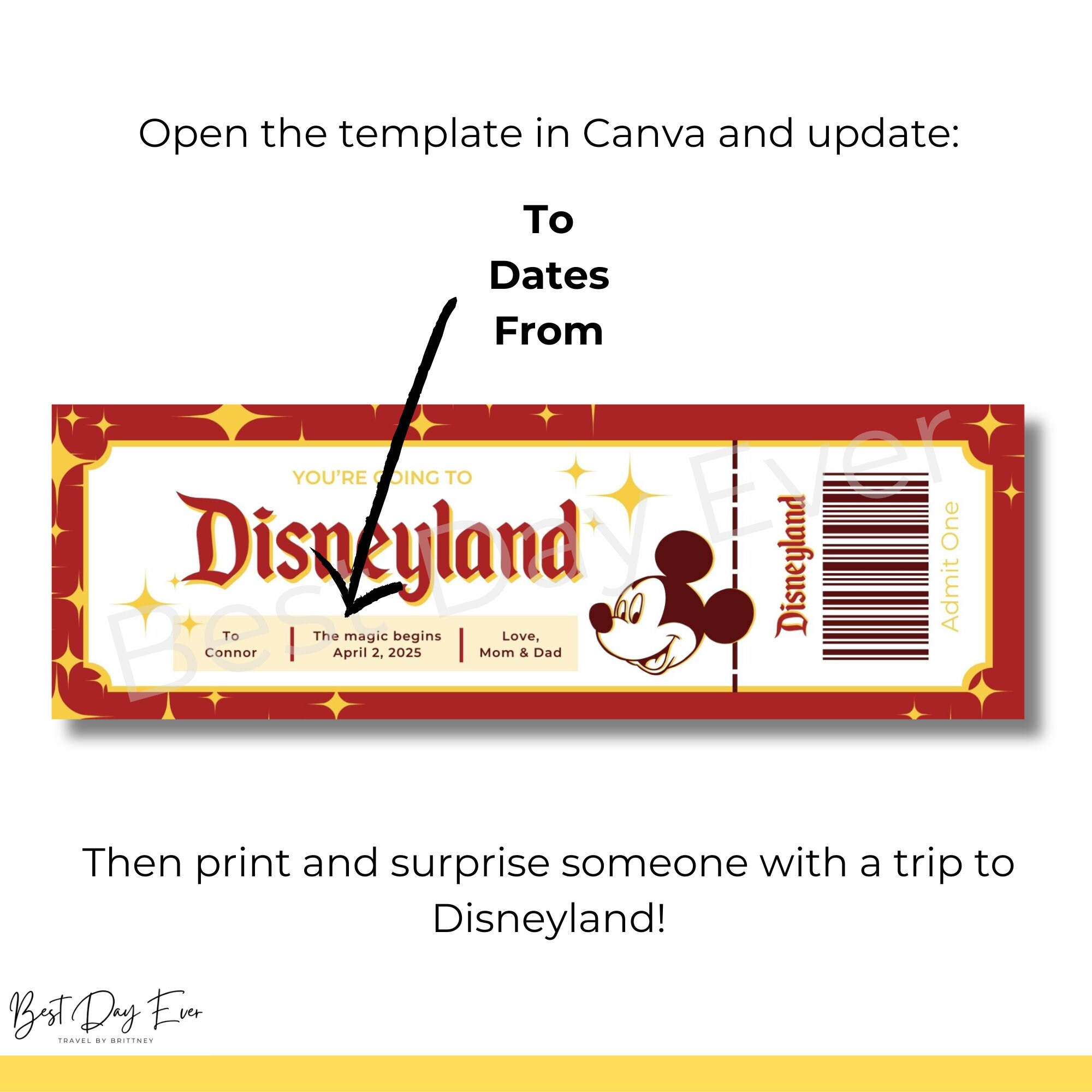 Disneyland Editable Ticket, DL Trip Reveal, Customizable Canva Template ...
