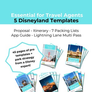 Pode incluir: Uma lista de produtos digitais para 5 modelos do Disneyland, incluindo uma proposta, um itinerário, listas de embalagem, um guia de aplicativos e um multipasse Lightning Lane. A lista apresenta um fundo azul com imagens dos modelos e o texto "Essencial para agentes de viagens 5 modelos do Disneyland" e "45 páginas de modelos profissionais + estratégia de parque de um especialista da Disney!"