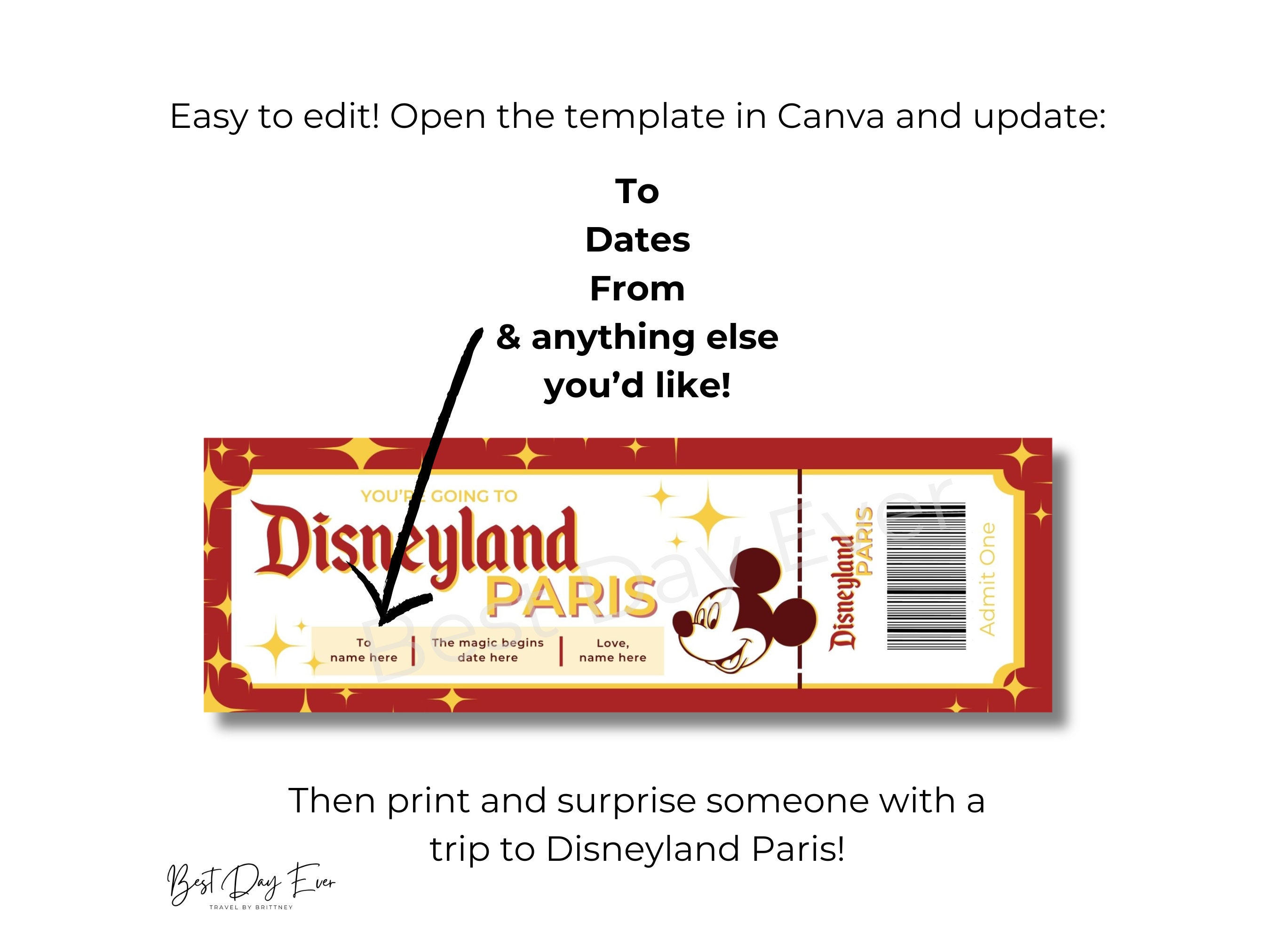 Disneyland Paris Surprise Ticket, Editable France Family Vacation ...