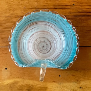 Vintage Murano Glass Dish: Aqua White Swirl, Italian Venetian Art Glass