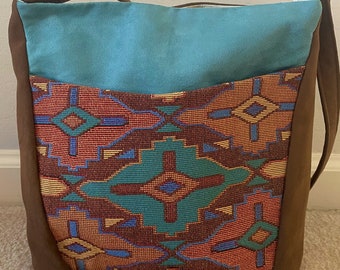 Western Pendelton-Inspired Women's Purse with Woven Front and Microsuede